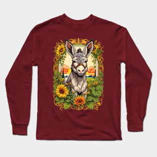 Cute little Donkey in the sunflower field retro vintage design Long Sleeve T-Shirt